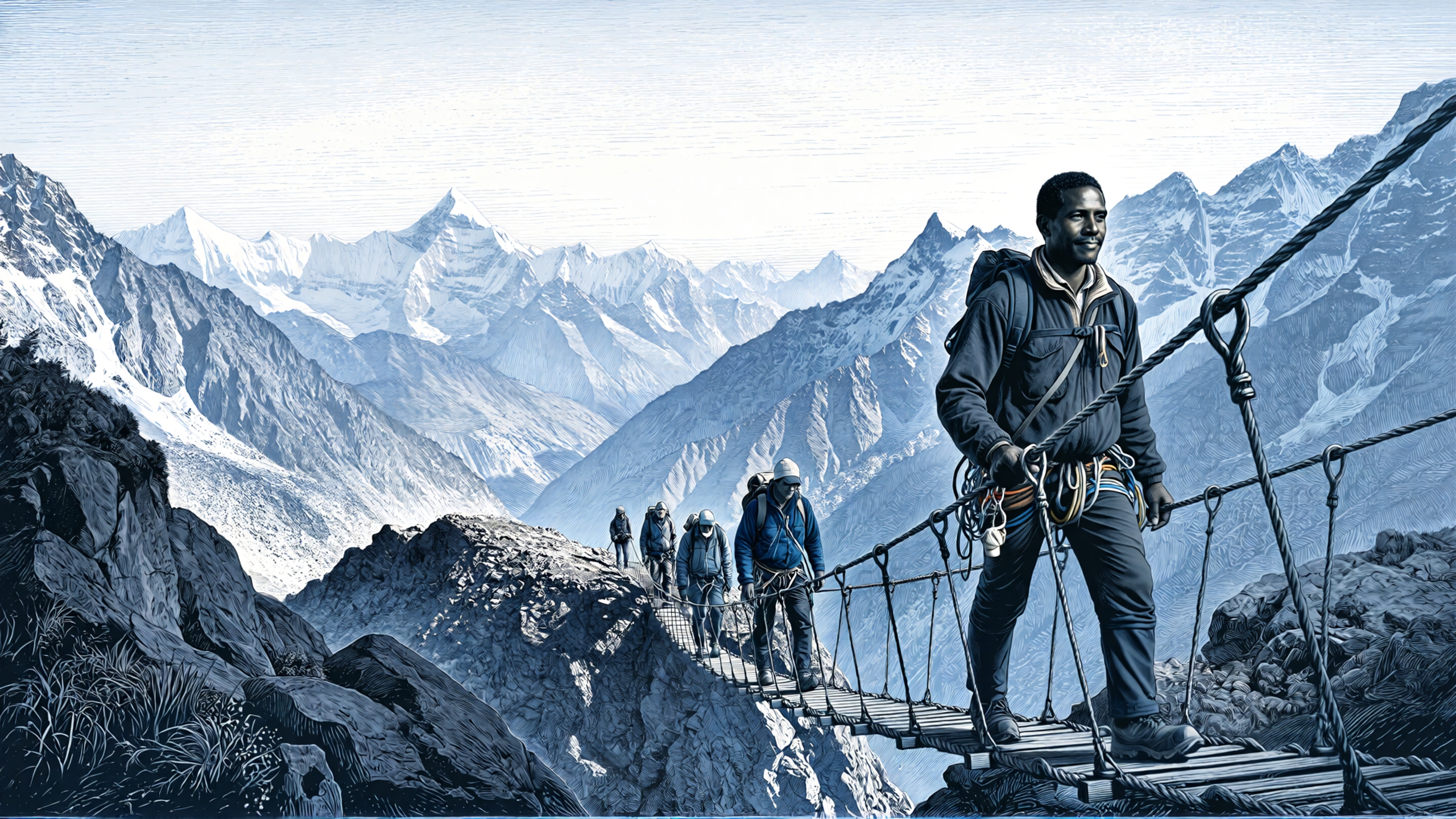 Sherpa leading across a rope bridge — navigating complexity with experience